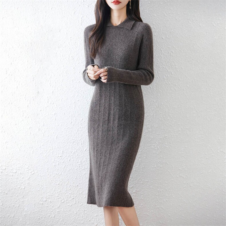 秋冬翻领羊毛针织连衣裙女POLO领长款过膝毛衣裙坑条羊毛打底裙，女装连衣裙，暖绒情旗舰店