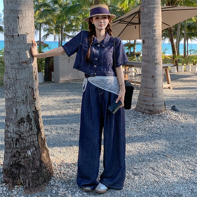复古轻薄牛仔套装女2025夏季新款时尚显瘦翻领短外套阔腿裤两件套,女装套装/套裙,2C085