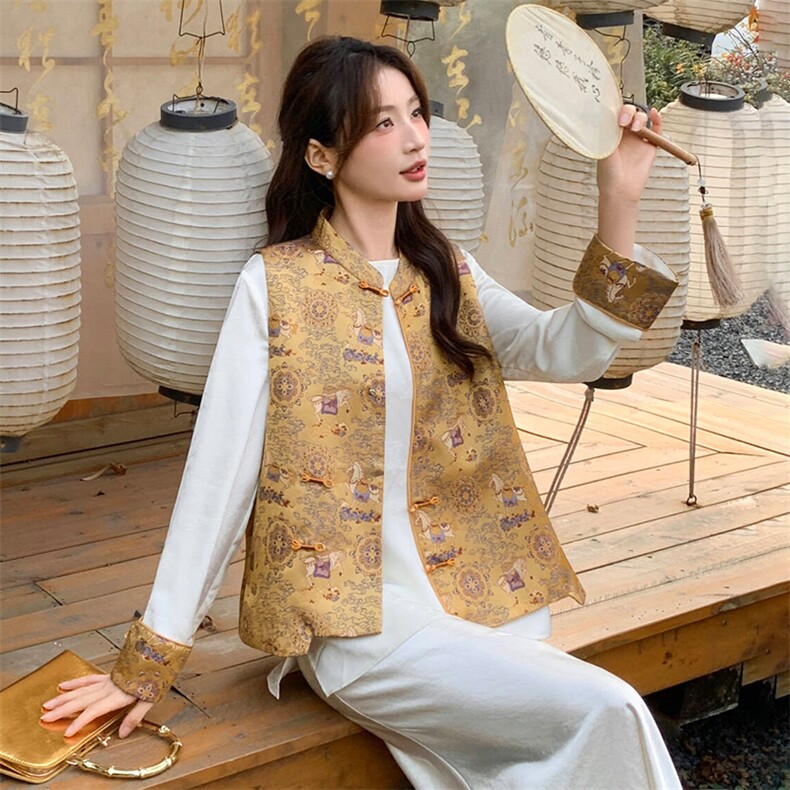 2026年春季新中式g风高级感提花马甲配衬衫两件套,女装套装/套裙,超帛