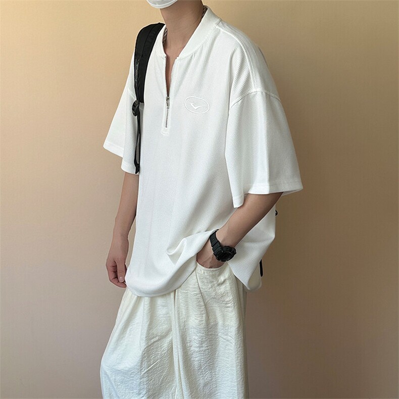 现货-夏季新品半拉链华夫格短袖男潮牌百搭宽松T恤-AT23008-P55图片