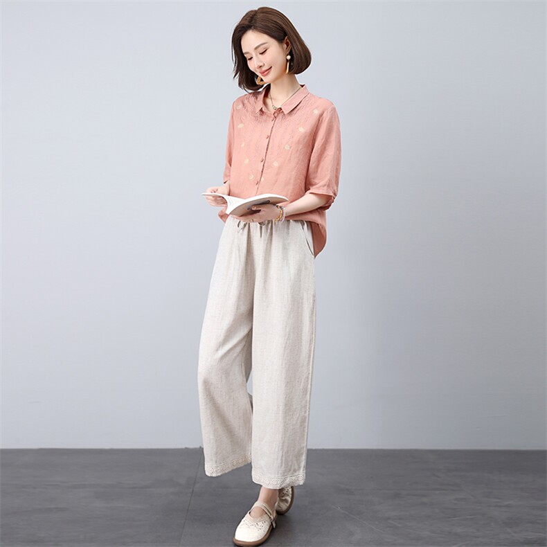 时尚刺绣套装夏季2025新款苎麻上衣亚麻裤两件套，女装套装/套裙，忆绮罗