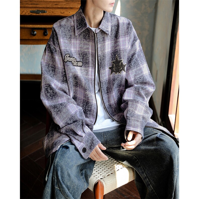 美式星星刺绣格子衬衫外套男女秋季潮拉链毛呢复古氛围感夹克，男装夹克，星座505-2（原电商A260-1)