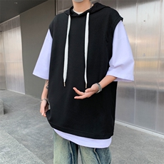 夏男假两件T恤连帽背心华夫格休闲T恤衫T256P30，男装T恤，星座1013-1