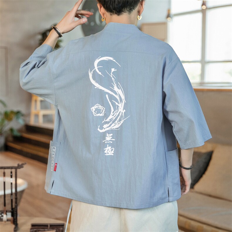 F70P45咖啡厅2024春夏装新款风大码宽松七分袖汉服开衫外套,男装T恤,电商A026