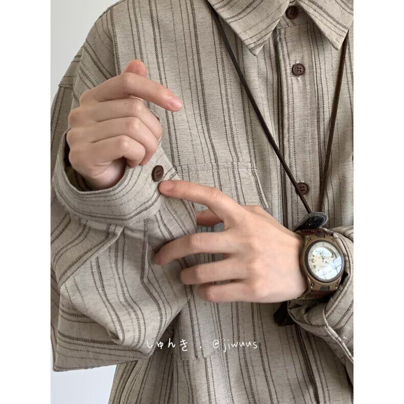 春秋日系复古竖条纹衬衫男女百搭宽松休闲学院风长袖衬衣C17-P47,男装衬衫,星座308B-2