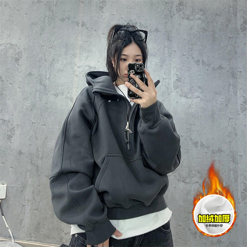 480G重磅加绒硬挺boxy男女秋冬美式高街结构半拉链卫衣开衫厚外套,女装短外套,电商A486