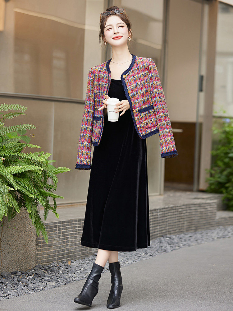 时尚小香风气质两件套连衣裙优雅显瘦长袖外套女秋冬季新款,女装套装/套裙,布芭啦