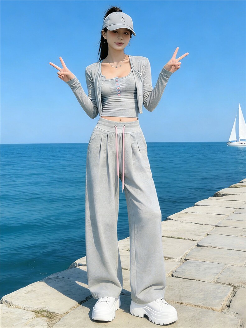 女春新款欧货时尚休闲套装修身显瘦开衫上衣内搭吊带阔腿裤三件套,女装套装/套裙,江南