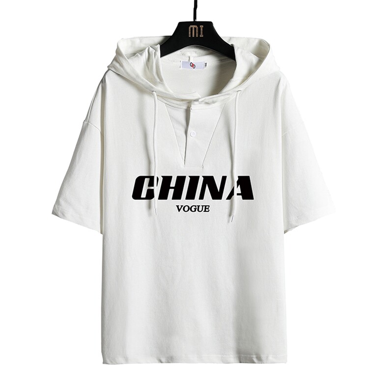 LD54001-P45连帽短袖t恤男大码胖子带帽五分袖中袖网格挂拍,男装T恤,电商A040A