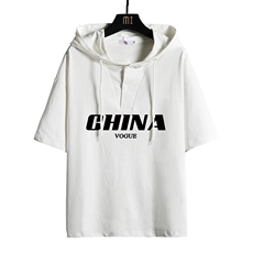 LD54001-P45连帽短袖t恤男大码胖子带帽五分袖中袖网格挂拍，男装T恤，电商A040A