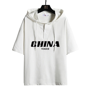 LD54001-P45 连帽短袖t恤男大码胖子带帽五分袖中袖 网格挂拍图片