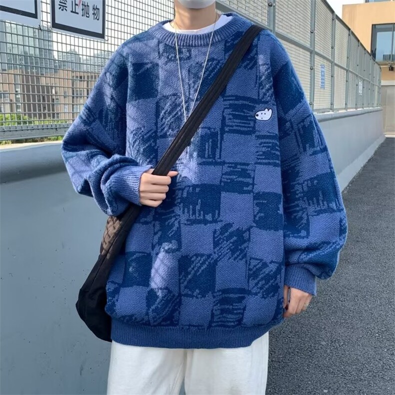 2023秋冬刺绣卡通格子毛衣男新款复古宽松针织衫上衣  M738-P40图片