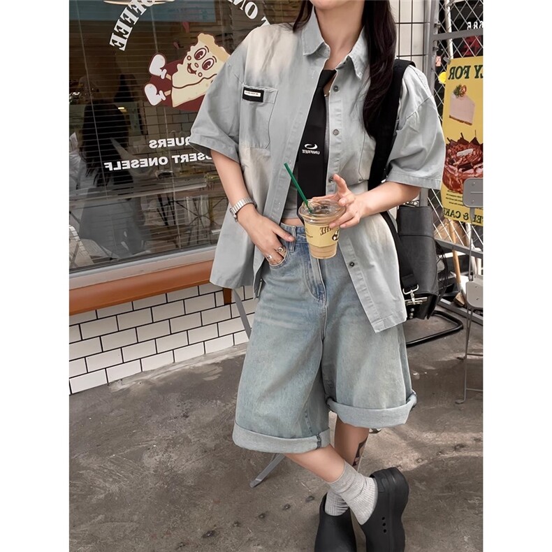 新款水洗复古领带装饰渐变做旧短袖衬衫夏男女同款宽松休闲衬衣图片