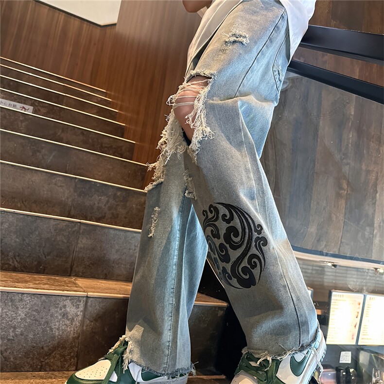 k1080-p55-控78 M-5XL 现货oversize cleanfit风黄泥牛仔裤破洞图片