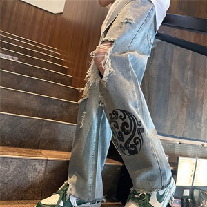 k1080-p55-控78 M-5XL 现货oversize cleanfit风黄泥牛仔裤破洞图片