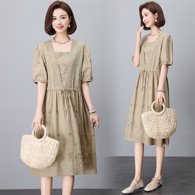 短袖连衣裙女2024夏装新款气质假两件抽绳收腰显瘦绣花裙子，女装大码女装，奕阳依阁