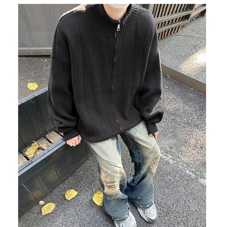 日系秋冬季毛衣宽松休闲港风纯色针织衫外套男1001-1-M6026-P62,男装针织衫/毛衣,星座1001-1