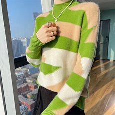 长袖套头2024年秋季半高圆领拼色时尚羊毛针织衫，女装羊毛衫，德晨羊绒