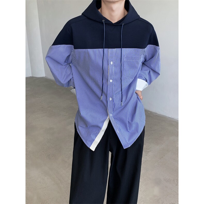 24秋冬拼接条纹设计感衬衫卫衣假两件连帽套头卫衣WY22-P85,男装衬衫,电商B288
