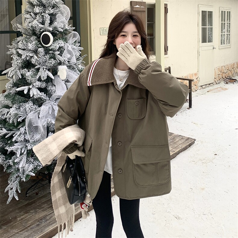 现货军绿色拼接毛线领内胆90白鸭绒加厚外套5833-P275-K408,女装羽绒服,2C159