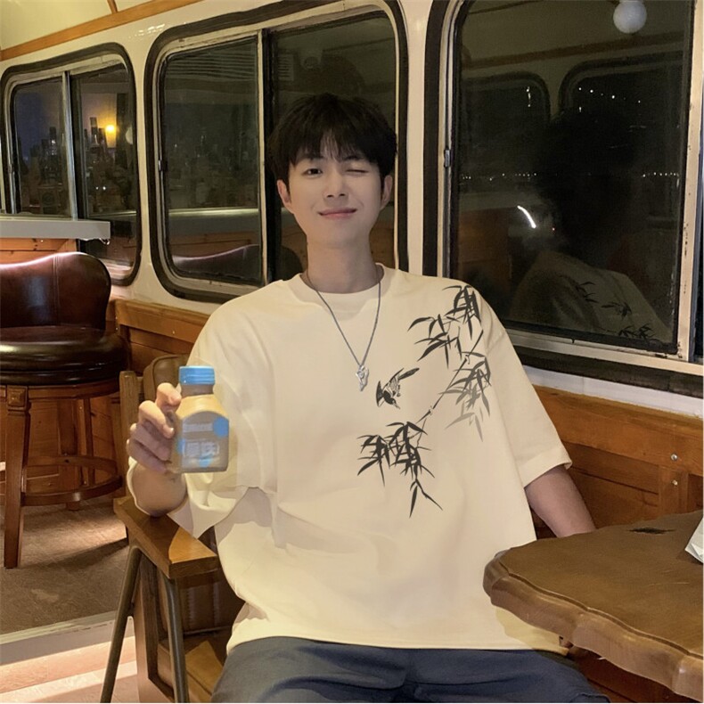 抖音品质直播得物风新中式竹叶印花短袖T恤dcm298-特批20控38,男装T恤,星座605(原A050)