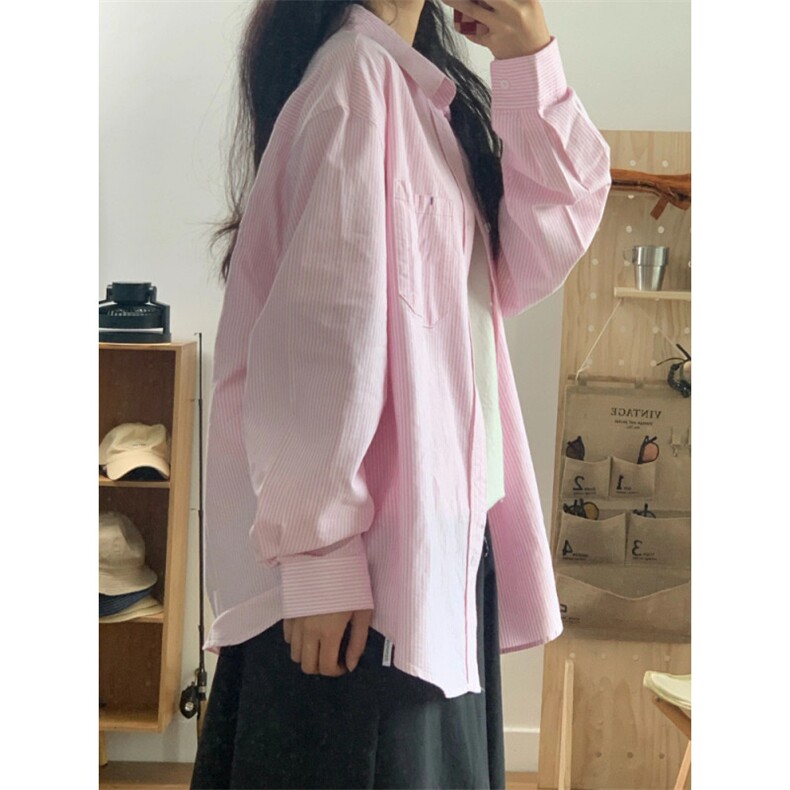 TC783-P45粉色竖条纹文艺衬衫女早秋穿搭宽松上衣通勤休闲风,男装衬衫,星座617A-2