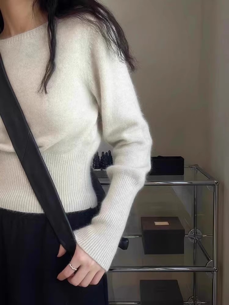 气质高腰短款100%纯羊毛衫女小个子一字领软糯针织毛衣羊绒衫打底,针织衫/毛衣,德聚羊绒