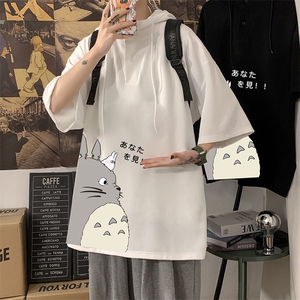 LD54150-P45 连帽短袖t恤男大码胖子带帽五分袖中袖 海报风图片