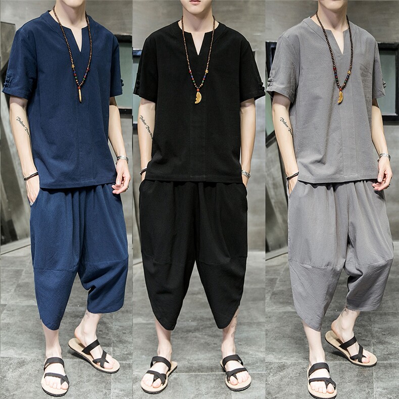 中国风男棉麻套装盘扣大码两件套短袖+短裤A06可分开销售，男装套装，电商B277(原6028)