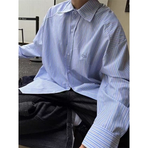 美式辜负度假风蓝白条纹衬衫男女春夏设计感宽松衬衣CS0175P45图片
