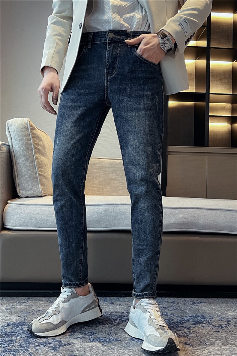 B230蓝色做旧修身弹力牛仔裤男简约百搭九分裤长期备货款7708P85,男装牛仔裤,电商B230