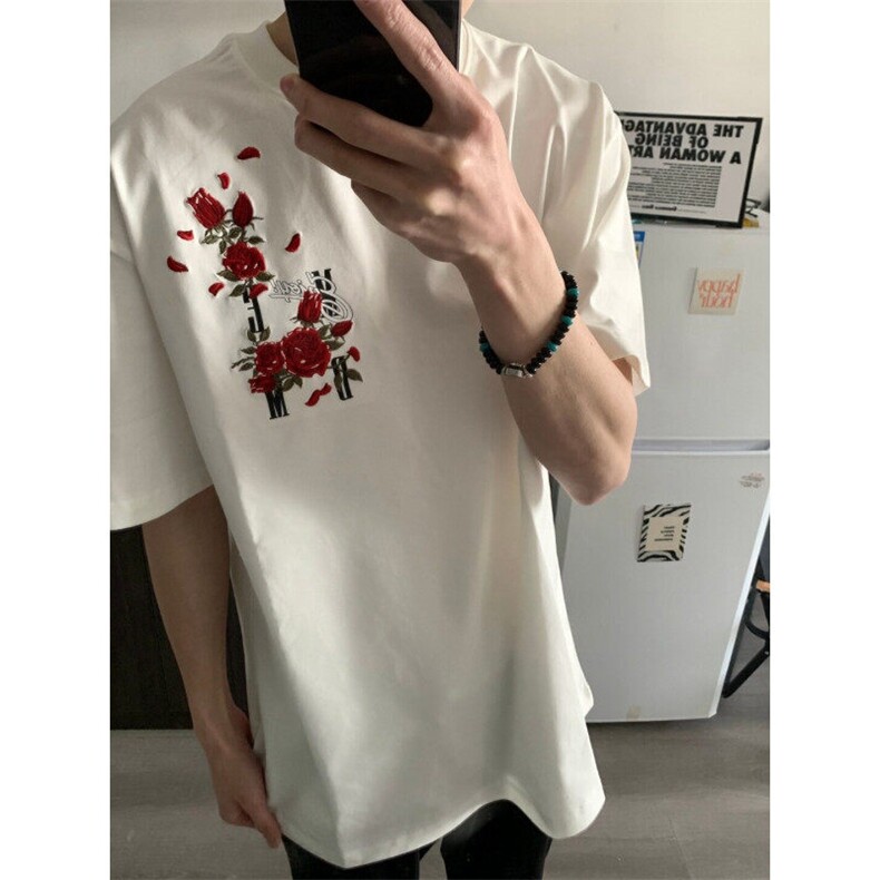 M537-P35玫瑰花卉时尚潮潮流百搭美式休闲短袖T恤男女同款图片