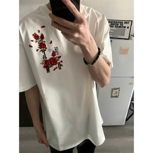 M537-P35玫瑰花卉时尚潮潮流百搭美式休闲短袖T恤男女同款图片