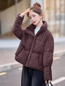 2025冬新款立领短款小格纹白鸭绒羽绒服女图片