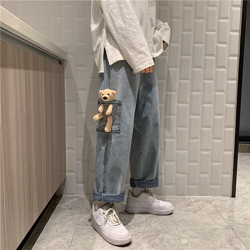 新款牛仔裤男直筒宽松2023春秋潮流中性潮牌小熊裤子1008-k69-p40图片