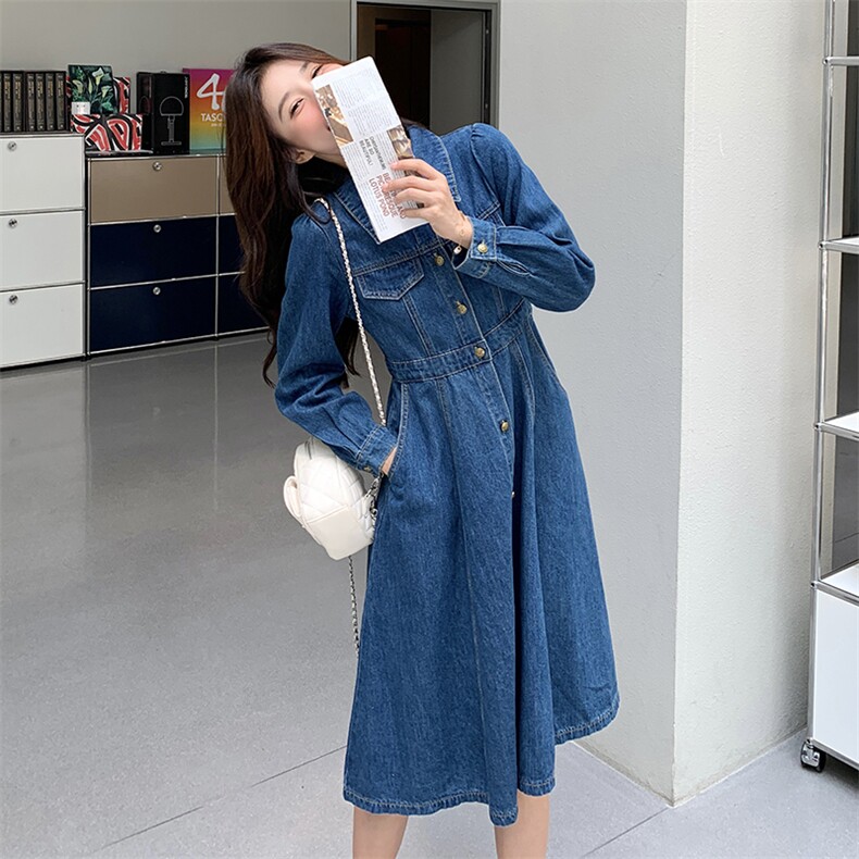 韩版复古牛仔连衣裙女2025年春秋季新款设计感收腰显瘦气质A字裙,女装牛仔裙,天使之佳话