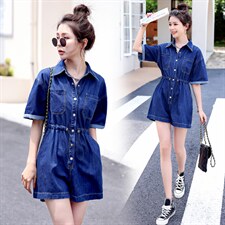 2022夏季新款简约时尚个性气质翻领抽绳收腰显瘦牛仔连体短裤，女装连体裤，瑶迪依秀