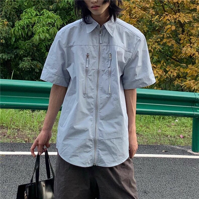 2025新款高街拉链polo翻衬衫男女宽松小众开衫短袖复古衬衣图片