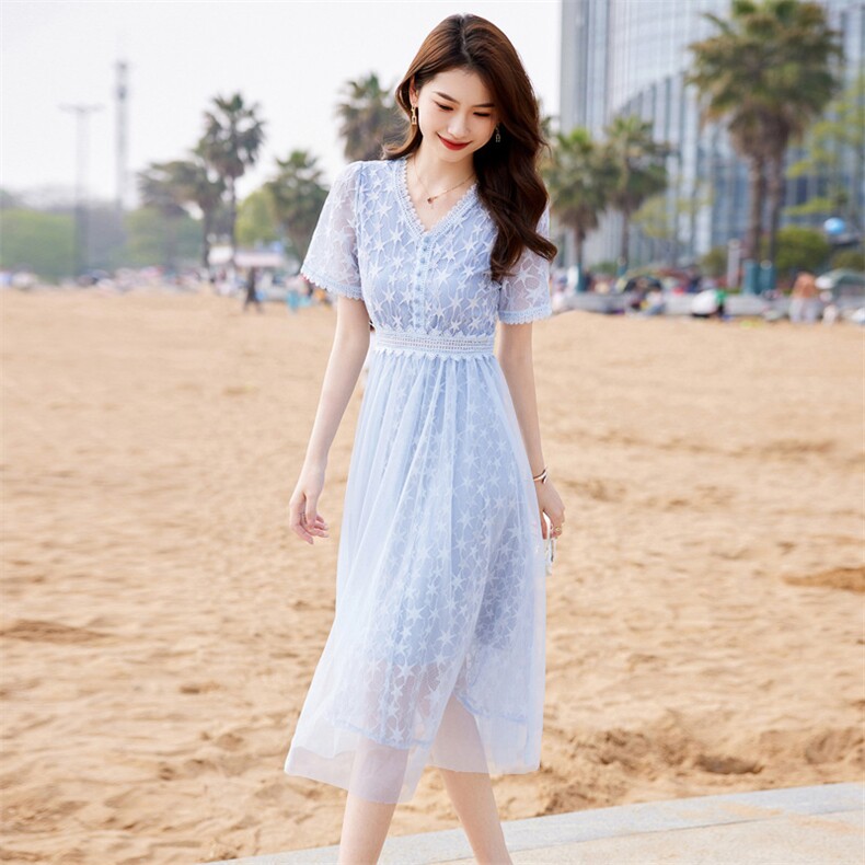 时尚潮流2023年夏季新款甜美显瘦蕾丝网纱拼接长款连衣裙,女装连衣裙,安之芮娜