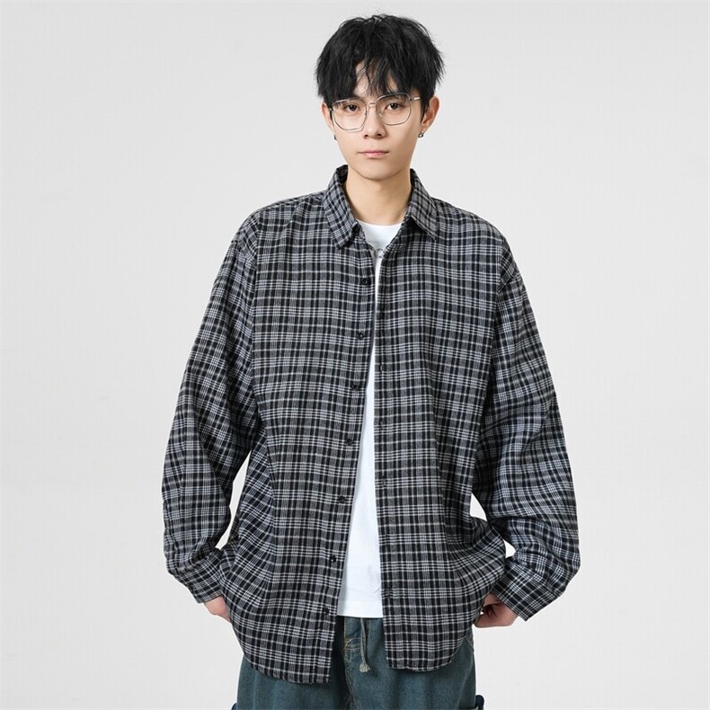 春季潮流格子衬衫男港风休闲长袖外套青少年男装2377P35,男装衬衫,星座1107-1