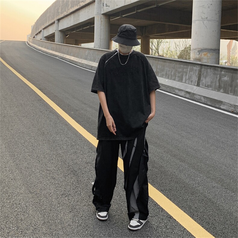 T024-P42美式280克纯棉水洗做旧拉链刺绣五分袖图片