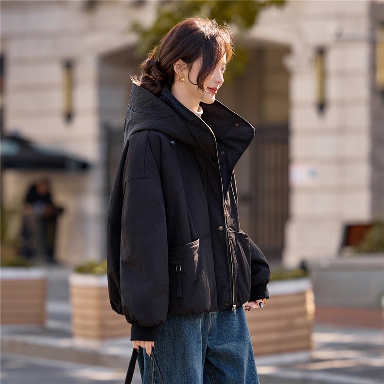填充棉羊毛黑色保暖厚棉服女2026冬季新款连帽气质百搭设计感外套,女装棉衣/棉服,梦懿尔