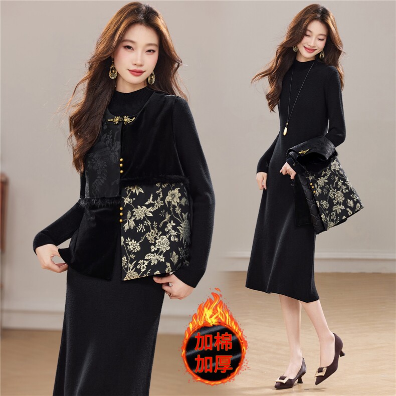 冬季新款加棉新中式圆领真毛马甲洋气显瘦气质款两件套裙女，女装套装/套裙，央宝儿