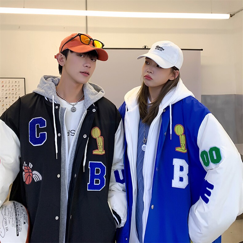 假两件连帽情侣装棒球服夹克棉衣棉服棉袄男女外套3317-P90控138图片