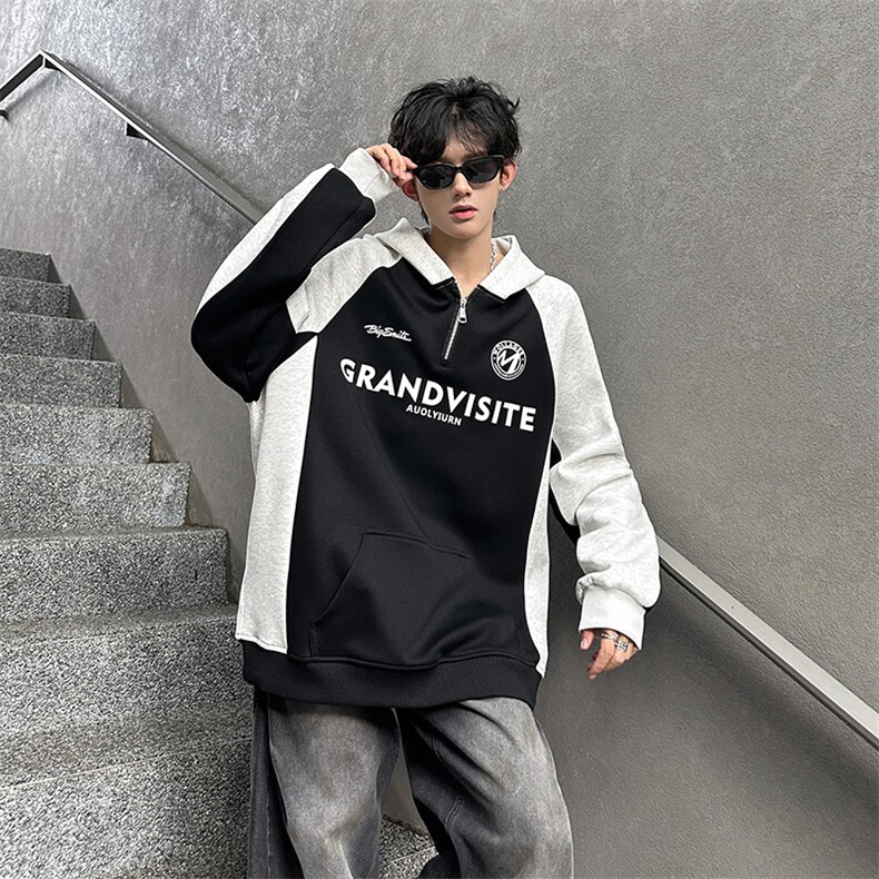 秋季宽松休闲拼接POLO套头卫衣潮外套XZ808B-WH085-P50,男装Polo衫,星座808B