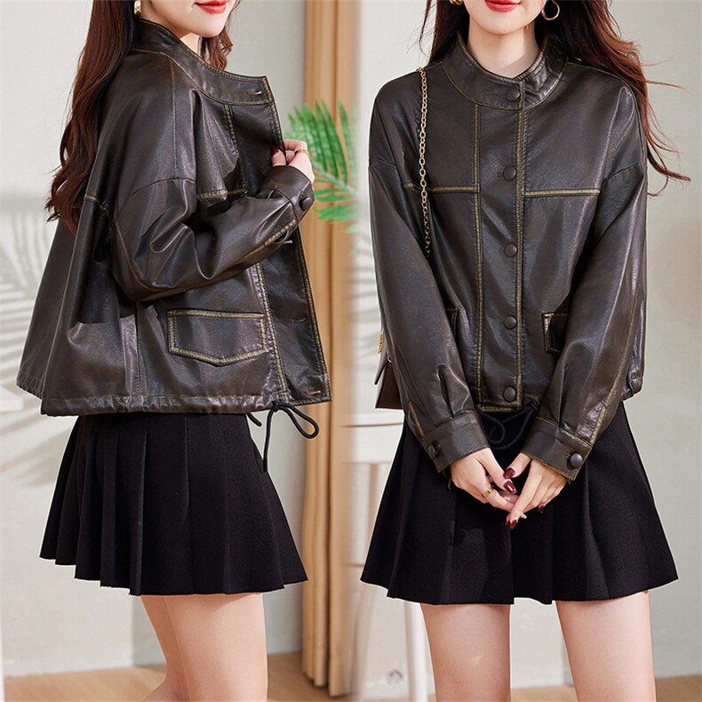现货B款高级感机车短外套女2024秋季新款宽松显瘦小众设计上衣，女装皮衣，江南女神