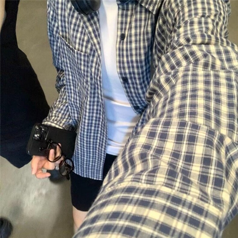 CS8-P34高级感蓝色格子衬衫女复古女装百搭气质上衣宽松休闲,男装衬衫,电商B323A