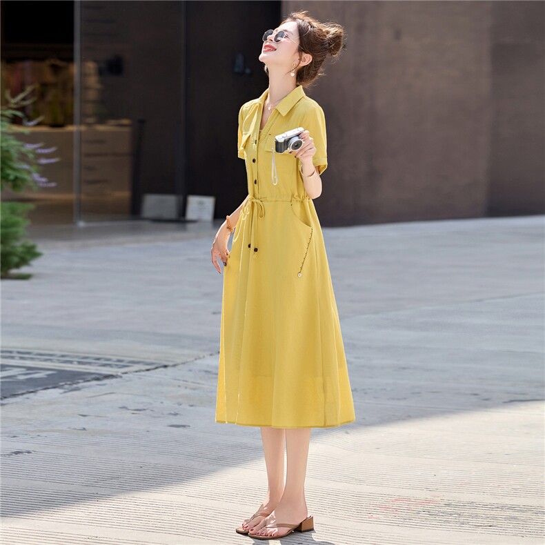 休闲时尚减龄连衣裙女中长款2025夏新款系带收腰显瘦polo领衬衫裙,女装连衣裙,意芙