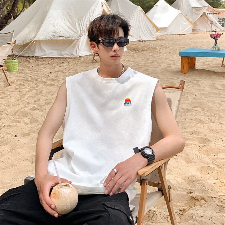 XD5093-TP25控价38港风宽松无袖坎肩t恤青少年男个性订标背心潮,男装T恤,电商A102-1