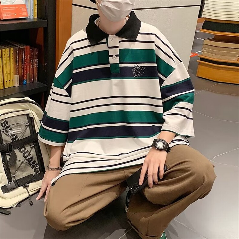 2024春夏季新款男休闲刺绣条纹P0L0短袖短袖T恤HT92P22,男装T恤,星座1116-2